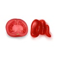 Realistic vector elements set of red tomato, splash of tomato, whole and a slice of tomato, squeezed out red sauce on white Royalty Free Stock Photo