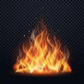 Realistic Vector Fire Flames. Transparent vector effects. Flames with sparks Royalty Free Stock Photo