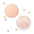 Realistic vector foundation cushion and sponge for beautiful makeup. Decorative cosmetic beige pearl make up powder.