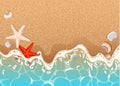 Realistic vector frame of azure foamy wave , starfish and shells.Realistic vector background of a sandy beach with azure foamy wa Royalty Free Stock Photo