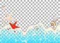 Realistic vector frame of azure foamy wave , starfish and shells.