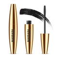 Realistic vector golden Mascara Bottle, brush and mascara Brush Strokes. Black wand, strokes and tube Isolated on white Royalty Free Stock Photo