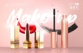 Realistic vector golden Mascara Bottles and lipstick set. Lipstick, brush and mascara tube. Black wand and golden tube