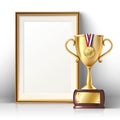 Realistic vector golden trophy and picture frame with wooden border. Isolated illustration Royalty Free Stock Photo