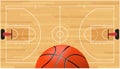 A realistic vector hardwood textured basketball court with basketball Royalty Free Stock Photo