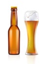 3d realistic vector icon. Brown transparent beer bottle with beer mug with foam. isolated on white background. Royalty Free Stock Photo