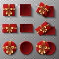 Realistic vector icon collection of presents in square shape, round and rectangular red box with a golden ribbon bow in top view. Royalty Free Stock Photo