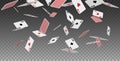 3d realistic vector icon. Flying playing cards of aces of diamonds clubs spades and hearts on transparent background