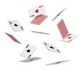 3d realistic vector icon. Flying playing cards of aces of diamonds clubs spades and hearts on white background, falling