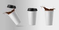 3d realistic vector icon illustration. Paper coffee cups opened and closed with coffee splash.