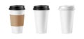 3d realistic vector icon illustration. White paper coffee cup with black lid. Isolated on white background. Royalty Free Stock Photo