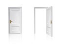 3d realistic vector icon illustration. White wooden entrance door closed and opened. Isolated.