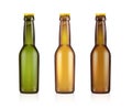 3d realistic vector icon. Set of brown, green and yellow transparent beer bottles. isolated on white background. Royalty Free Stock Photo