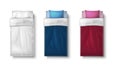 Realistic vector icon set. Single bed frame with matress and duvet in white , red, blue color