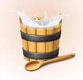 Realistic vector icon. Wooden rustic bucket. Milk splash. Natural yogurt. Wooden spoon