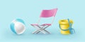 Realistic vector icons. Summer set of chair, sand yellow plastic bucket with spade Royalty Free Stock Photo