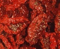 Realistic vector illustration background of dried tomatoes with spices and salt in olive oil. Top view