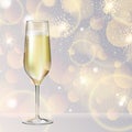 Realistic vector illustration of champagne glass on blurred holiday silver sparkle background