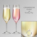 Realistic vector illustration of champagne glass with diamond wedding ring isolated on transperent background