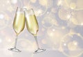 Realistic vector illustration of champagne glasses on blurred holiday silver sparkle background