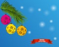 Realistic vector illustration of christmas greeting card with pair of red bright christmas balls are hanging on a branch of Royalty Free Stock Photo