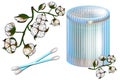 Realistic vector illustration of the cotton buds plastic container and flowers Cotton. Cotton swab stick. Tool for