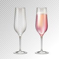 Realistic vector illustration of full ond empty champagne glass isolated on transperent background