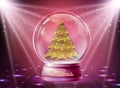 Realistic vector illustration of snow globe with golden christmas tree inside. Blurred disco sparkle background Royalty Free Stock Photo