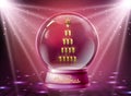 Realistic vector illustration of snow globe with pyramid of champagne golden glasses inside. Blurred holiday background