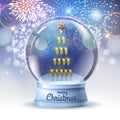 Realistic vector illustration of snow globe with pyramid of champagne golden glasses inside. Firework holiday background