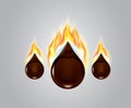 Realistic vector illustration three drops burning oil fire