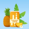 Aluminum can with pineapple juice. Ripe tropical fruit. Royalty Free Stock Photo