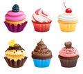 Realistic vector illustrations of cupcakes. Sweets for birthday party