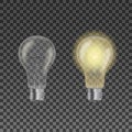 Realistic vector light bulb 3D set. Glowing yellow and white incandescent filament lamps, electricity on and off