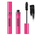 Realistic vector magenta Mascara Bottle, brush and mascara Brush Strokes. Black wand, strokes and tube on white