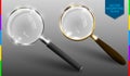 Realistic vector magnifying glass set on transparent background. Isolated icon of retro and modern lupe