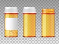 Realistic vector medical orange pills bottle isolated on transparent background. Empty closed, opened, and with a blank Royalty Free Stock Photo