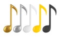 Realistic vector music notes. 3D illustration of golden, silver and white glossy notes. Royalty Free Stock Photo