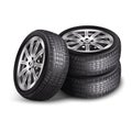 Realistic vector new car tires, wheels with alloy rims. Isolated on white background