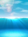 realistic vector ocean summer under water background with sunlight and rays. Royalty Free Stock Photo