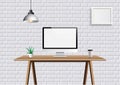 Realistic vector office creative space with display on desk table. Mockup workspace background with front view computer desktop Royalty Free Stock Photo