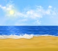 Realistic vector paradise sand beach early at morning with nobody on it. Sun is shining above the sea and white yellow Royalty Free Stock Photo