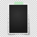 Realistic vector photo frame with retro figured edges on piece of green sticky, adhesive tape placed vertically on transparent Royalty Free Stock Photo