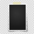 Realistic vector photo frame with retro figured edges on piece of sticky, adhesive tape placed vertically on transparent Royalty Free Stock Photo