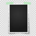 Realistic vector photo frame with retro figured edges on two piecies of green sticky, adhesive tape placed vertically on