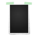 Realistic vector photo frame with retro figured edges on two piecies of green sticky, adhesive tape placed vertically on white