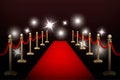 Realistic vector red event carpet , gold barriers and flashes. Design template in EPS10.