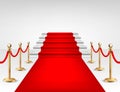 Realistic vector red event carpet, gold barriers and white stairs isolated on white Royalty Free Stock Photo