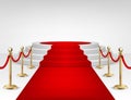 Realistic vector red event carpet, gold barriers and white stairs isolated on white background. Design template, clipart