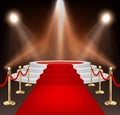 Realistic vector red event carpet, gold barriers and white stairs isolated on white background. Design template, clipart